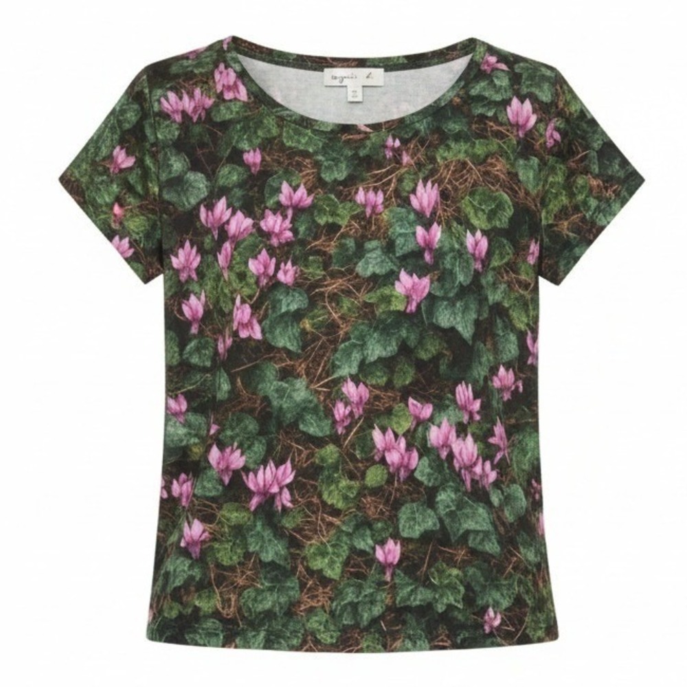 Agnès b. Paris‎ Floral Print T-Shirt Green & Pink Cyclamen Cotton Top FR 2 US S